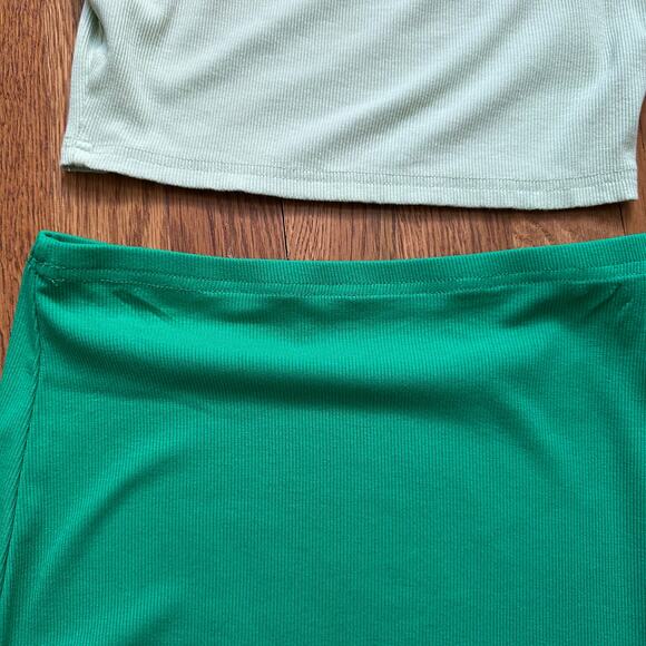 Green Two Piece Crew Neck Ribbed Tank Top Bodycon Slit Midi Skirt Set - Picture 9 of 11